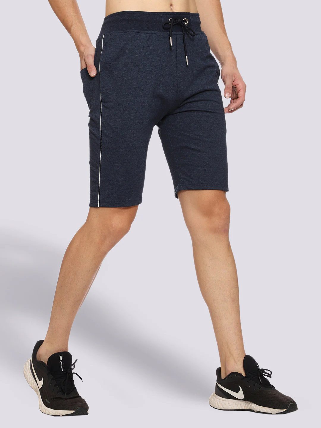 Side Piping Melange Blue Shorts For Men - Image 4
