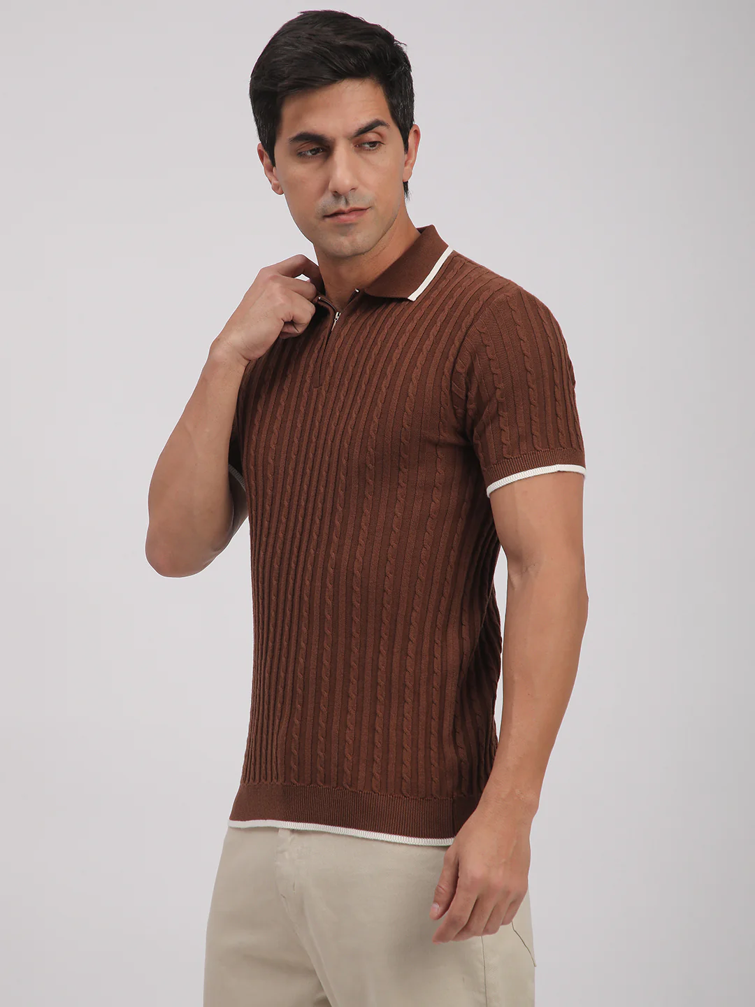 Knitted T-Shirt for Men. (Brown) - Image 3