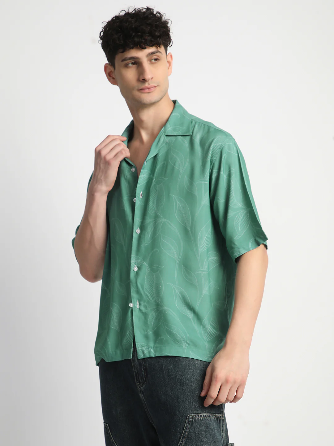Leaf Green Printed Shirt for Men. - Image 3