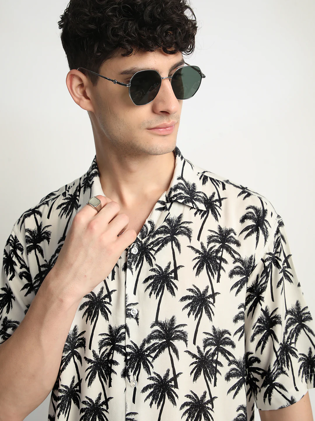 Palm Print Off-White Shirt For Men. - Image 6