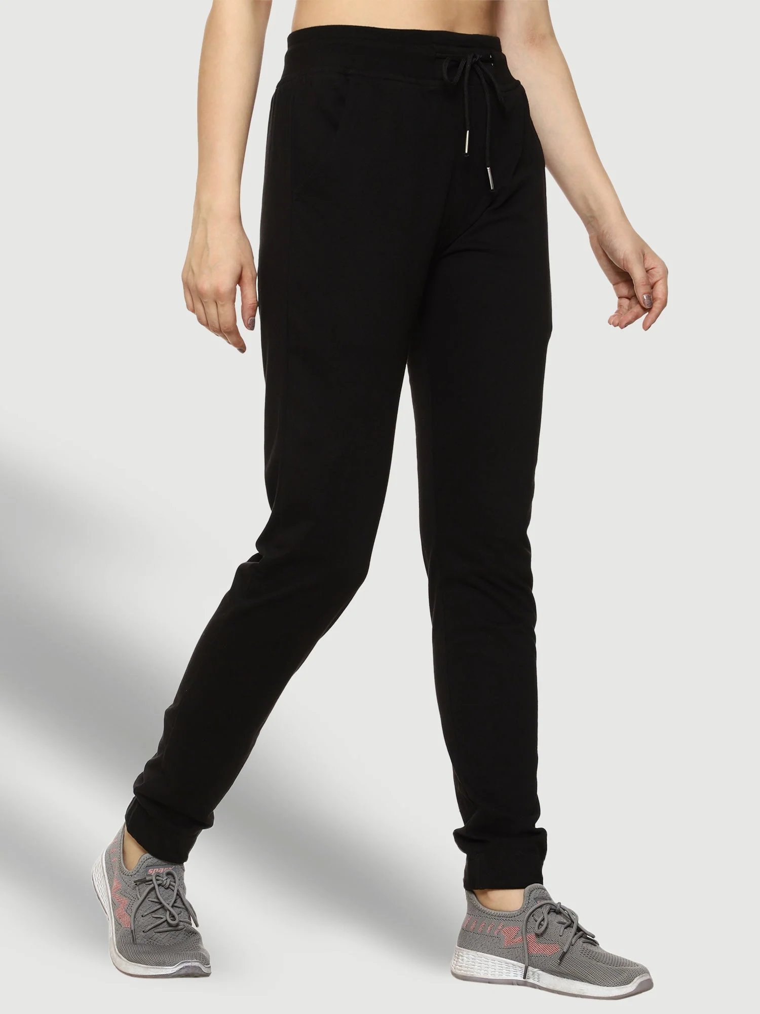 Black Elastic Bottom Cotton Track Pant For Women - Image 4
