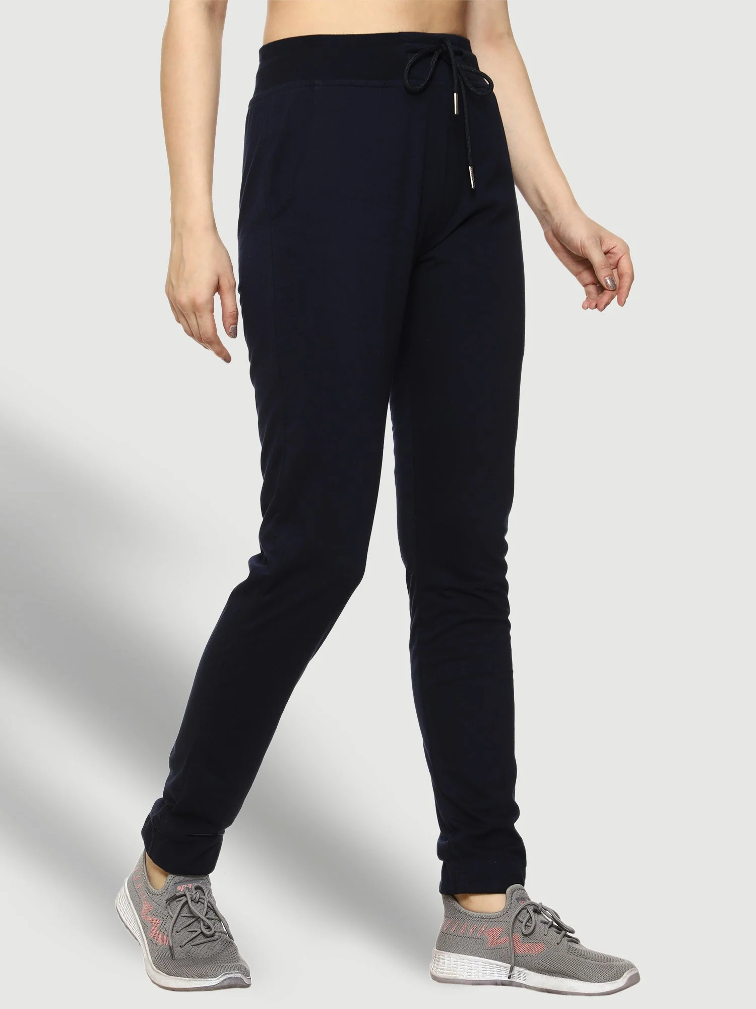 Blue Elastic Bottom Cotton Track Pant For Women - Image 4