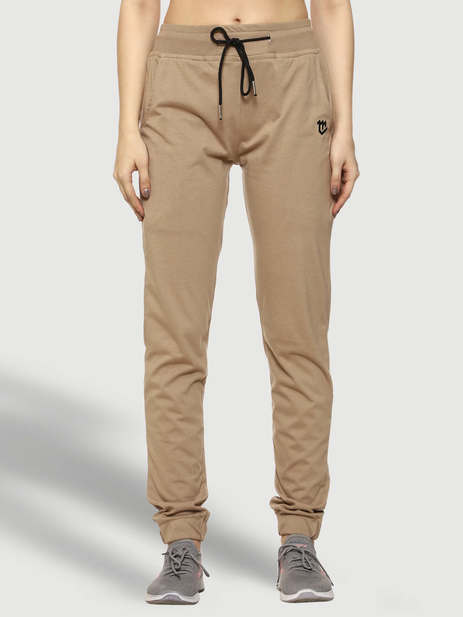 Beige Elastic Bottom Cotton Track Pant For Women - Image 3
