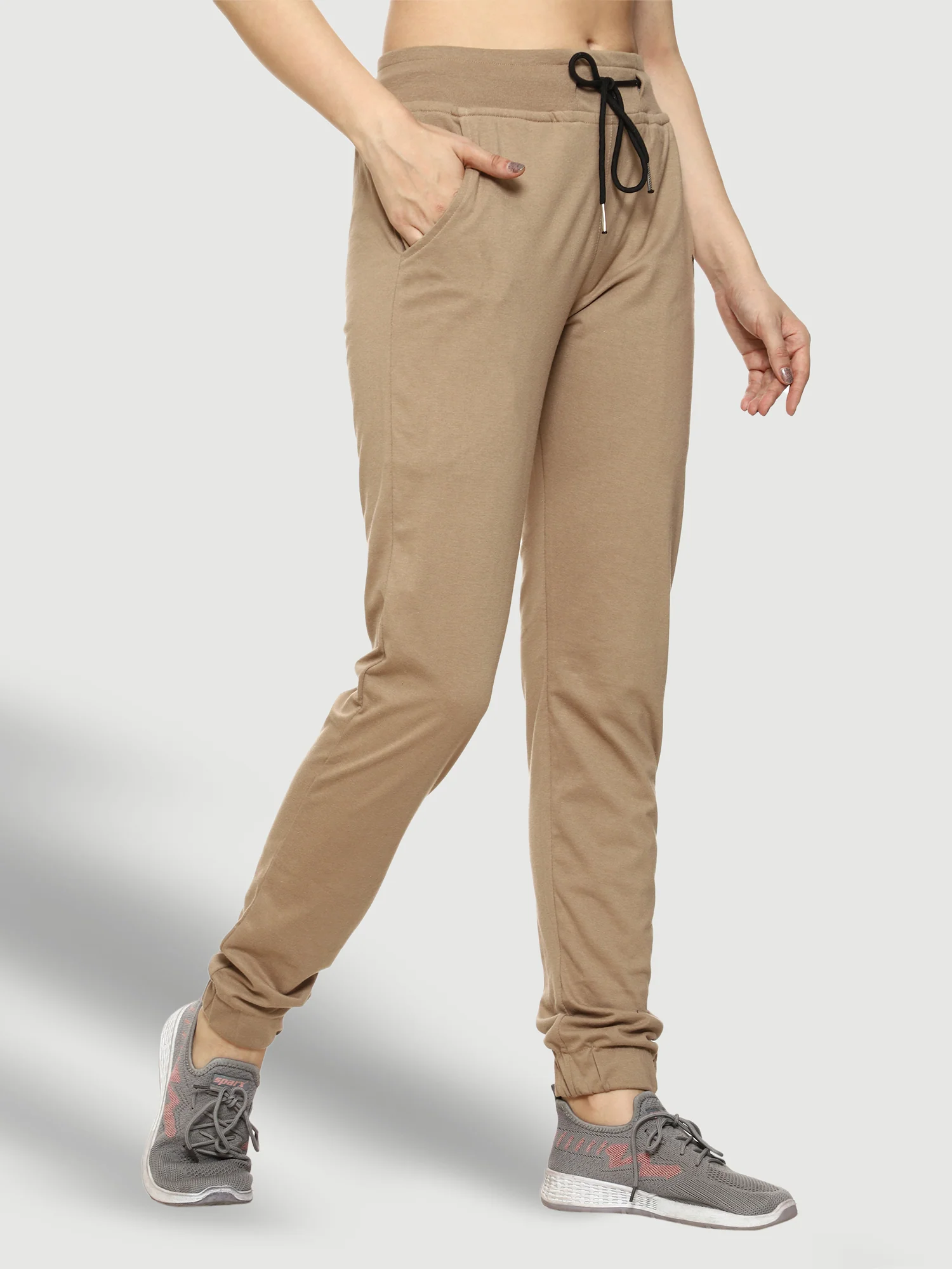 Beige Elastic Bottom Cotton Track Pant For Women - Image 4
