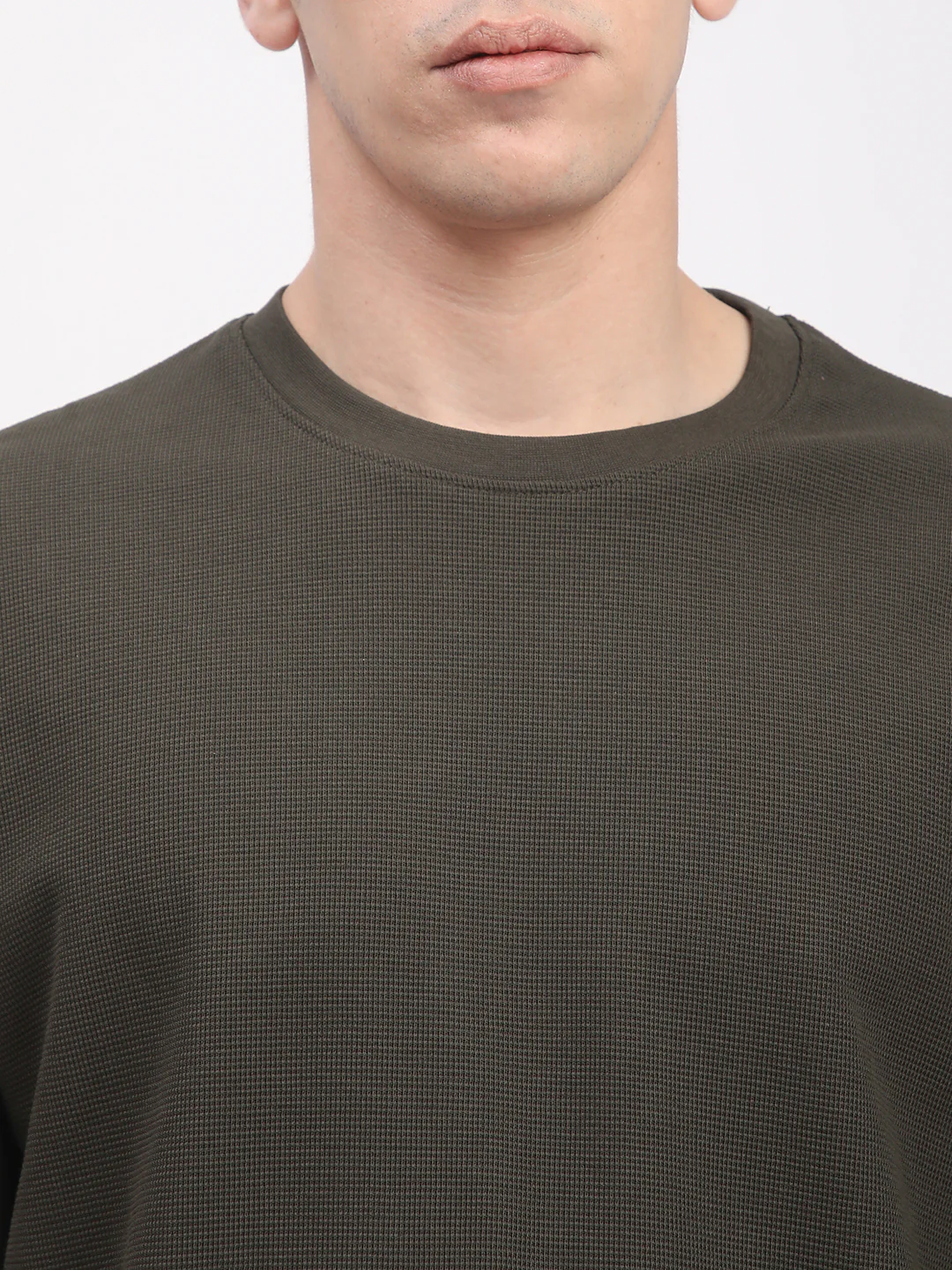 Waffle Knit T-Shirt for Men. (Olive) - Image 3