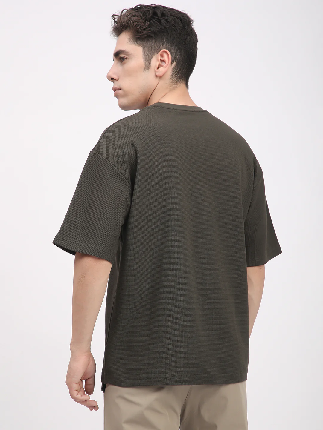 Waffle Knit T-Shirt for Men. (Olive) - Image 4