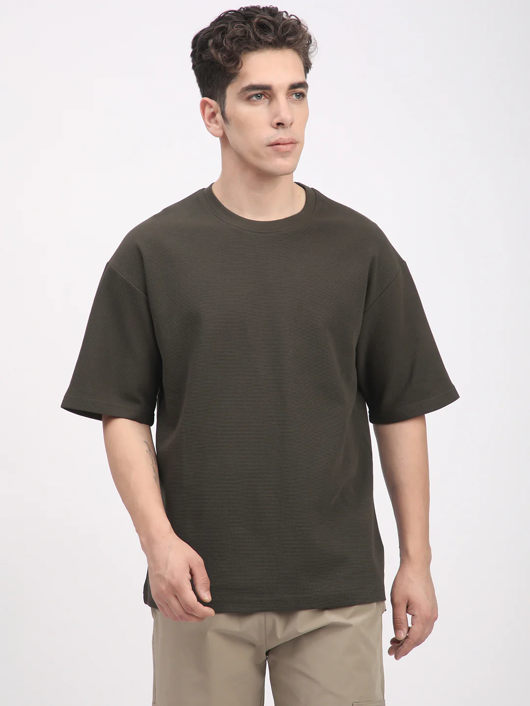Waffle Knit T-Shirt for Men. (Olive) - Image 5