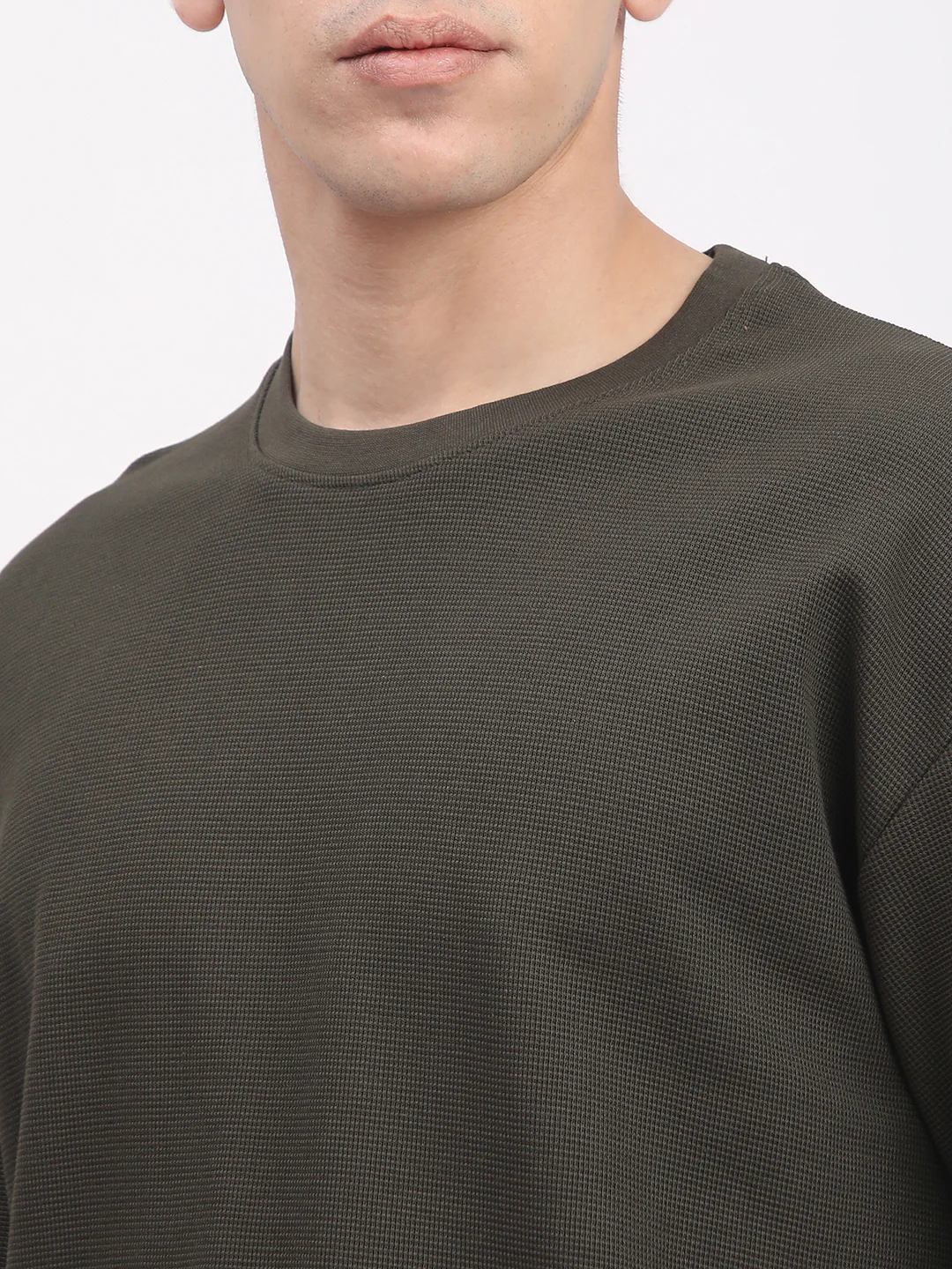 Waffle Knit T-Shirt for Men. (Olive) - Image 6