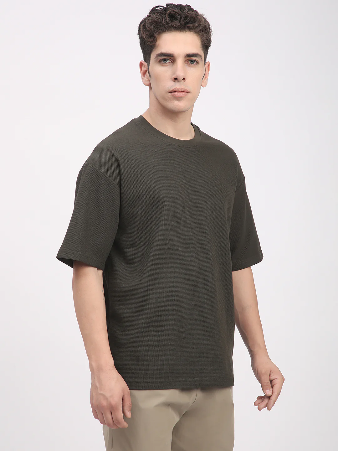 Waffle Knit T-Shirt for Men. (Olive) - Image 7