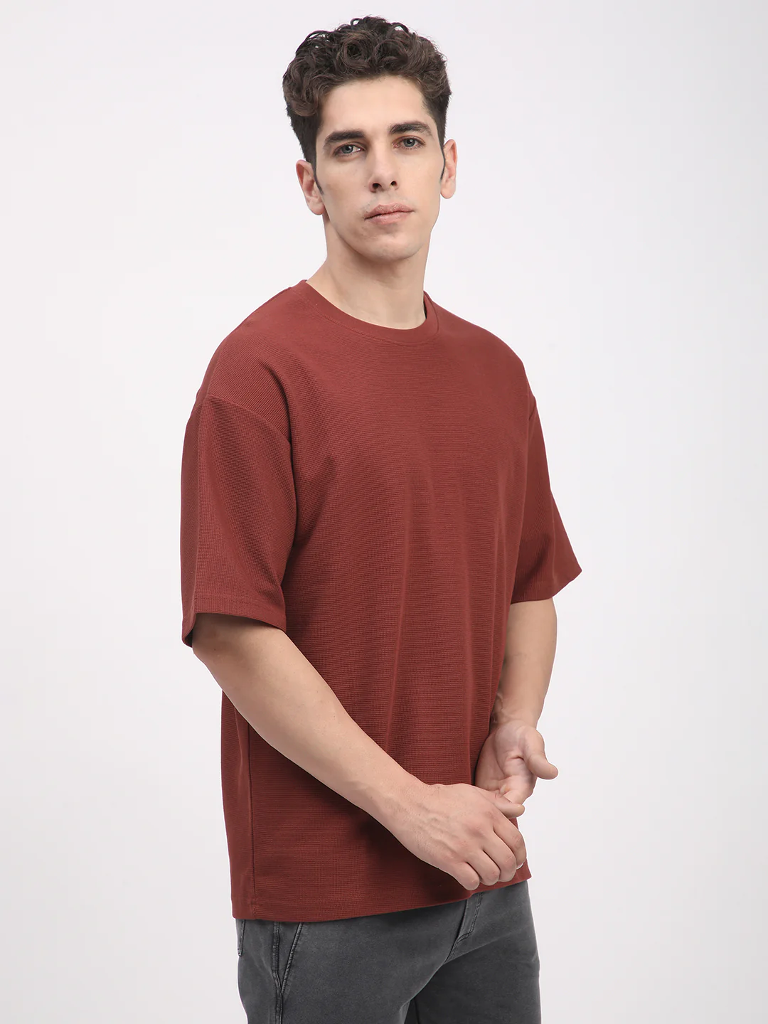 Waffle Knit T-Shirt for Men. (Brown) - Image 4