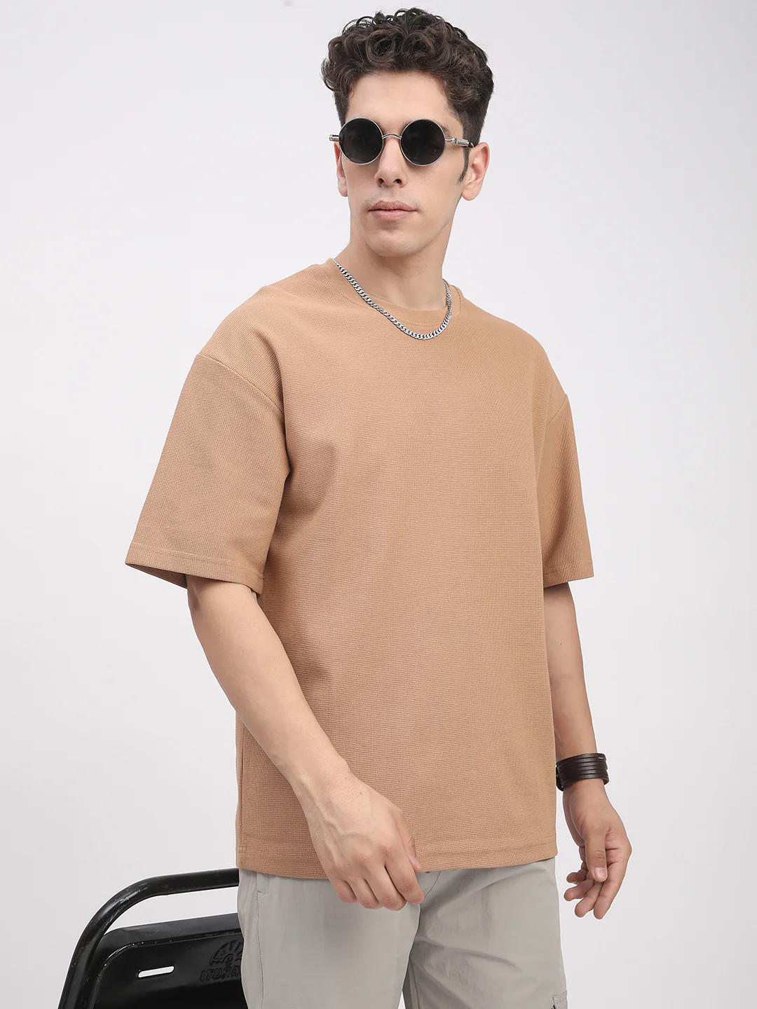 Waffle Knit T-Shirt for Men. (Tan) - Image 8